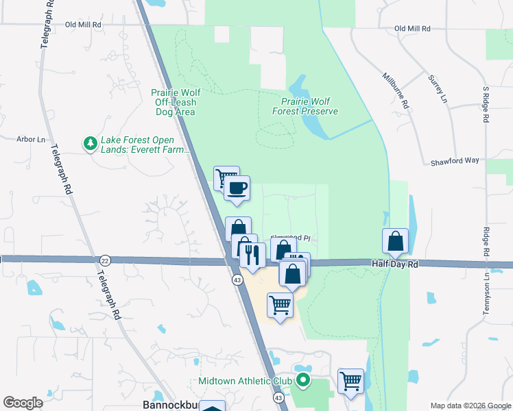 map of restaurants, bars, coffee shops, grocery stores, and more near 2734 Birchwood Lane in Deerfield