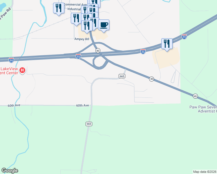 map of restaurants, bars, coffee shops, grocery stores, and more near 280 County Road 665 in Paw Paw