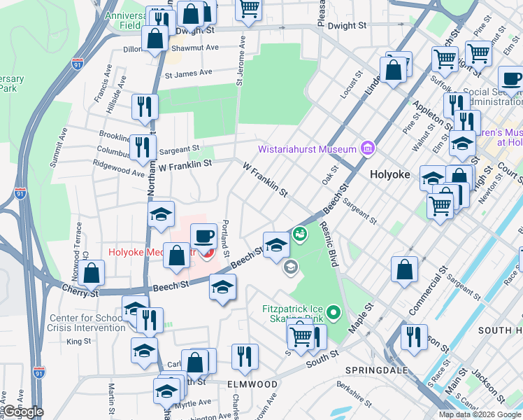 map of restaurants, bars, coffee shops, grocery stores, and more near 262 Locust Street in Holyoke