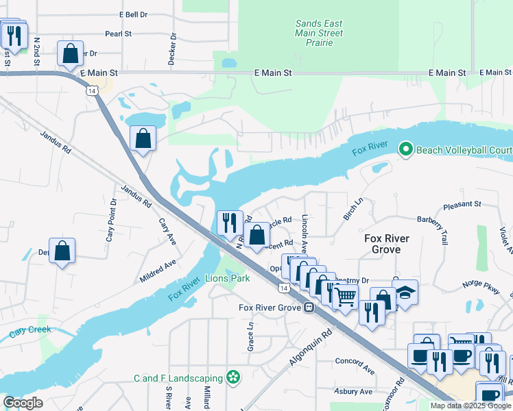 map of restaurants, bars, coffee shops, grocery stores, and more near 220 North River Road in Fox River Grove