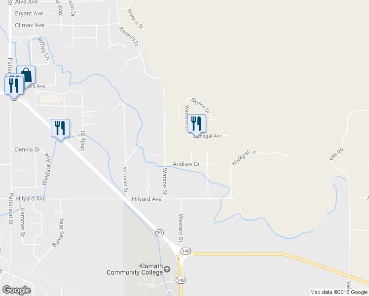 map of restaurants, bars, coffee shops, grocery stores, and more near 2712 Heritage Court in Klamath Falls