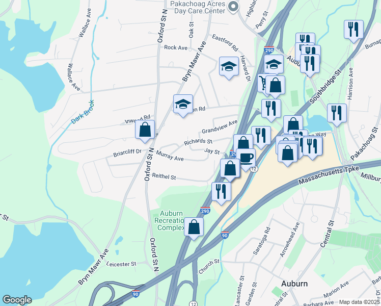 map of restaurants, bars, coffee shops, grocery stores, and more near 19 Murray Avenue in Auburn