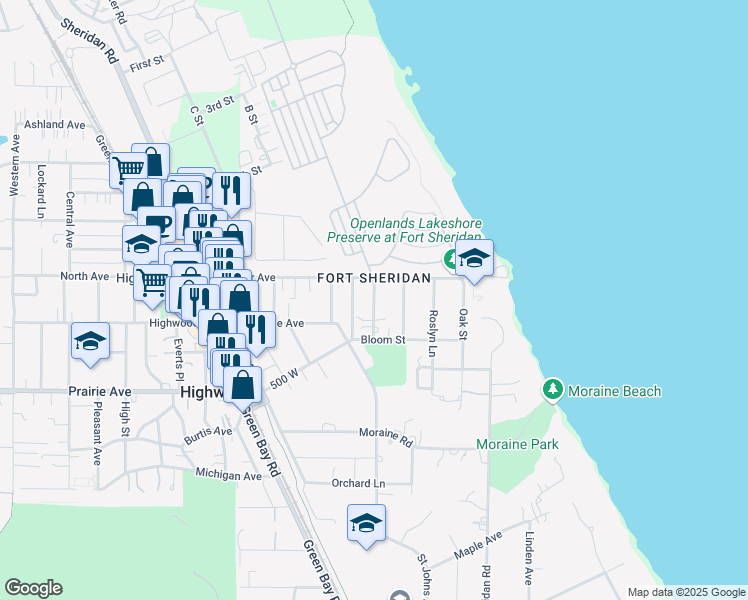 map of restaurants, bars, coffee shops, grocery stores, and more near Fort Sheridan Avenue in Fort Sheridan