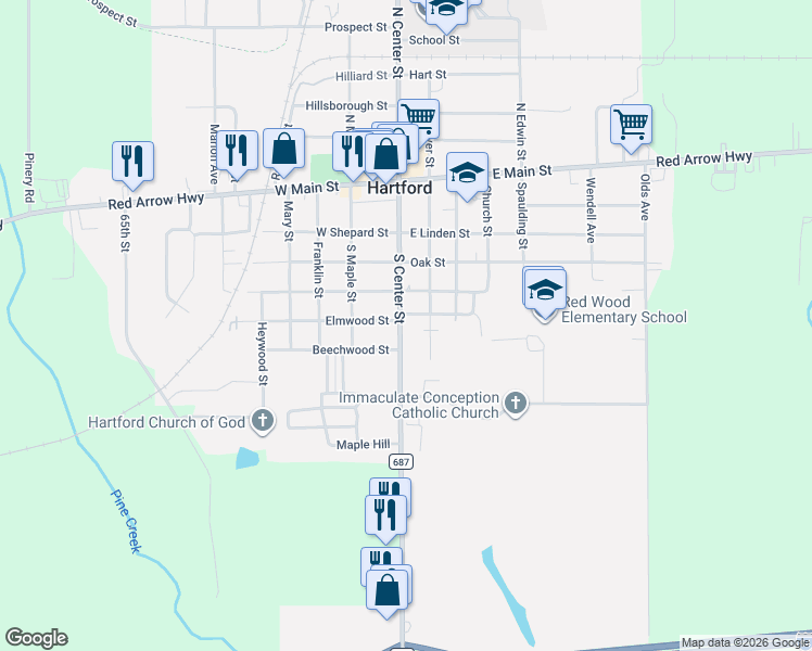 map of restaurants, bars, coffee shops, grocery stores, and more near 412 South Haver Street in Hartford