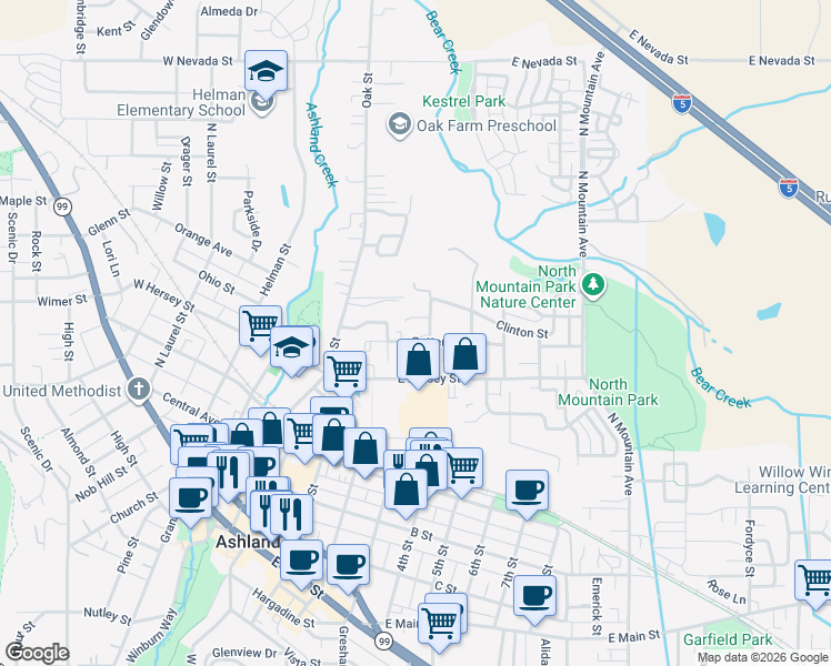 map of restaurants, bars, coffee shops, grocery stores, and more near 245 Patterson St in Ashland