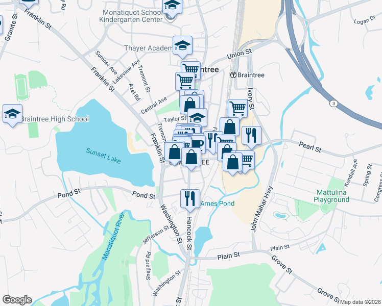 map of restaurants, bars, coffee shops, grocery stores, and more near 920 Washington Street in Braintree
