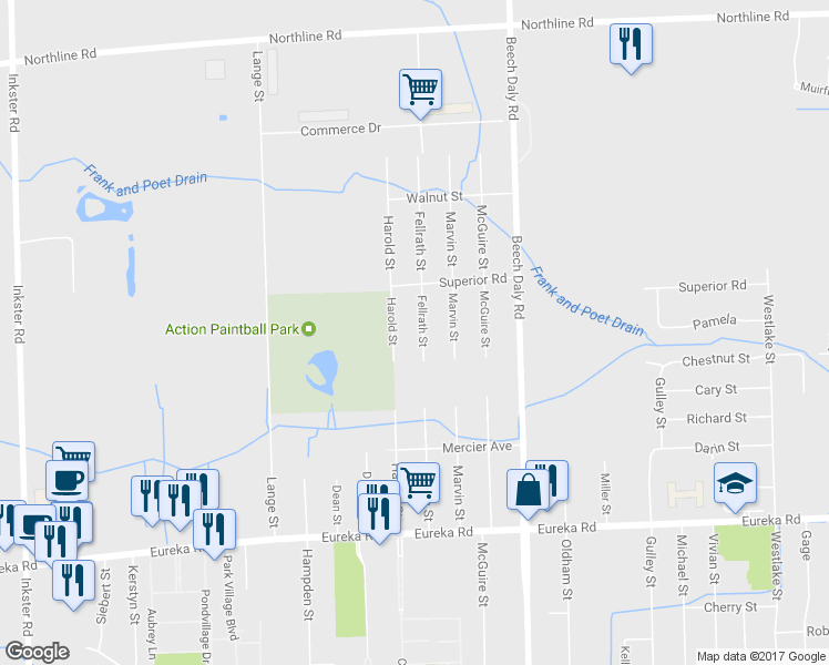map of restaurants, bars, coffee shops, grocery stores, and more near 14096 Fellrath Street in Taylor