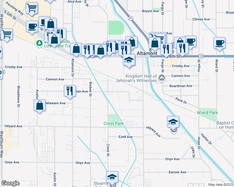map of restaurants, bars, coffee shops, grocery stores, and more near 3852 Boardman Avenue in Klamath Falls