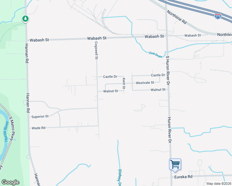 map of restaurants, bars, coffee shops, grocery stores, and more near 38119 Walnut Street in Romulus
