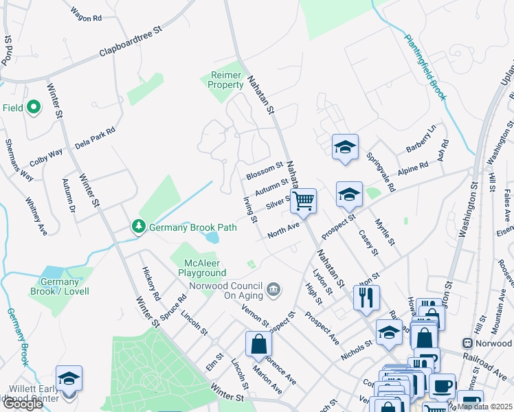 map of restaurants, bars, coffee shops, grocery stores, and more near 40 Silver Street in Norwood