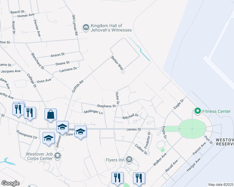 map of restaurants, bars, coffee shops, grocery stores, and more near 10 Outer Drive in Chicopee