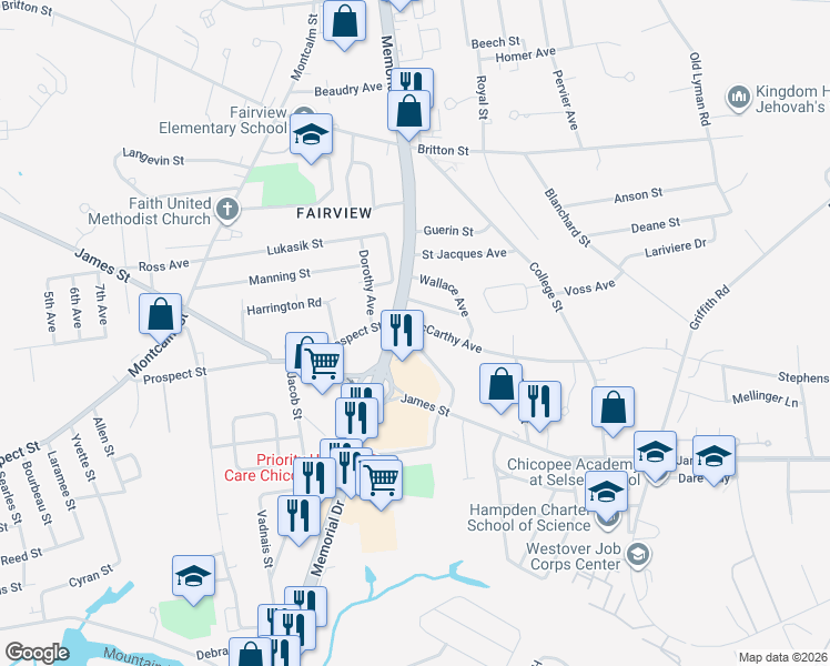 map of restaurants, bars, coffee shops, grocery stores, and more near 1651 Memorial Drive in Chicopee