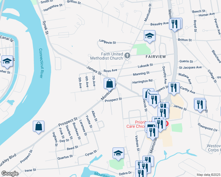 map of restaurants, bars, coffee shops, grocery stores, and more near 56 Montcalm Street in Chicopee