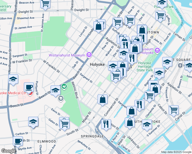 map of restaurants, bars, coffee shops, grocery stores, and more near 291 Elm Street in Holyoke