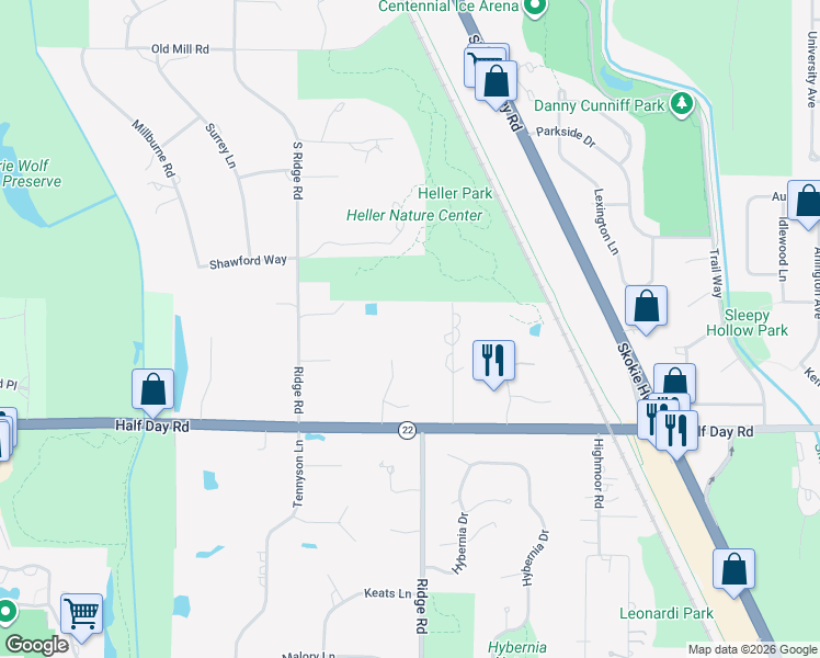 map of restaurants, bars, coffee shops, grocery stores, and more near 2705 Bentley Road in Highland Park