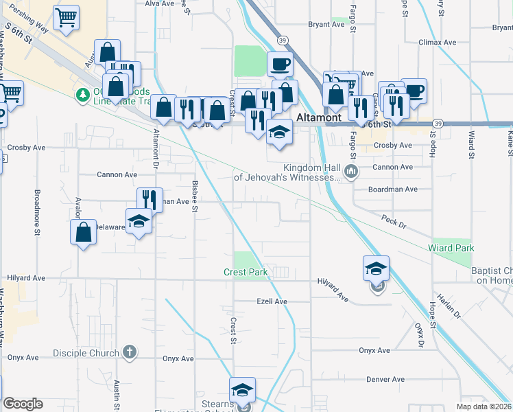 map of restaurants, bars, coffee shops, grocery stores, and more near 2706 Dayton Street in Klamath Falls