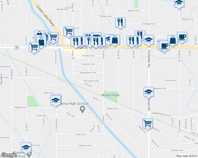 map of restaurants, bars, coffee shops, grocery stores, and more near 4667 Thompson Avenue in Klamath Falls