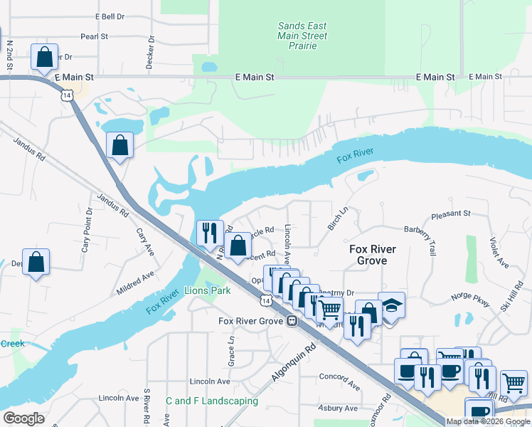 map of restaurants, bars, coffee shops, grocery stores, and more near 311 North River Road in Fox River Grove