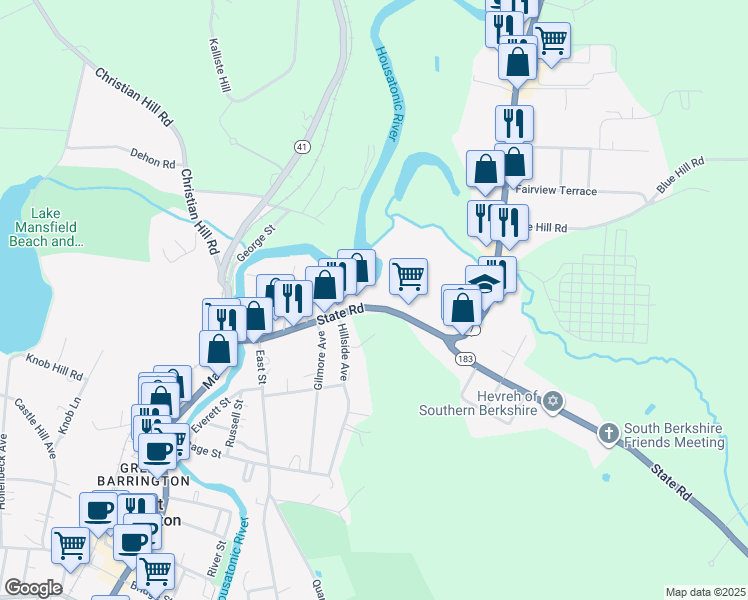 map of restaurants, bars, coffee shops, grocery stores, and more near 127 State Road in Great Barrington