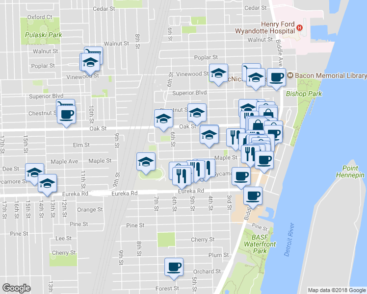 map of restaurants, bars, coffee shops, grocery stores, and more near 531 Elm Street in Wyandotte