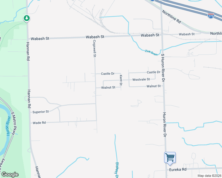 map of restaurants, bars, coffee shops, grocery stores, and more near 38119 Walnut Street in Romulus