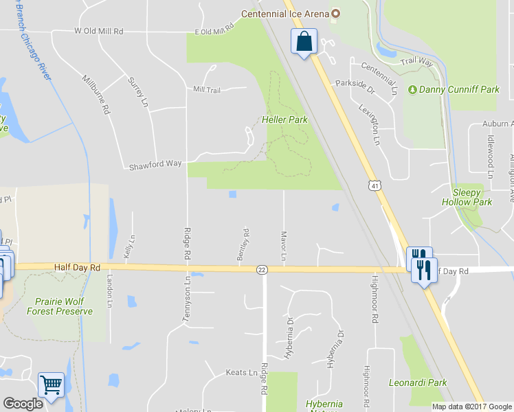 map of restaurants, bars, coffee shops, grocery stores, and more near 2705 Bentley Road in Highland Park