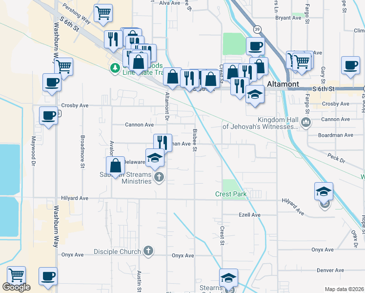 map of restaurants, bars, coffee shops, grocery stores, and more near 3450 Boardman Avenue in Klamath Falls
