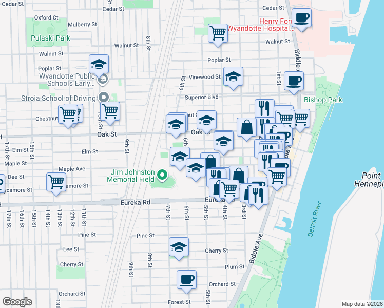 map of restaurants, bars, coffee shops, grocery stores, and more near 531 Elm Street in Wyandotte