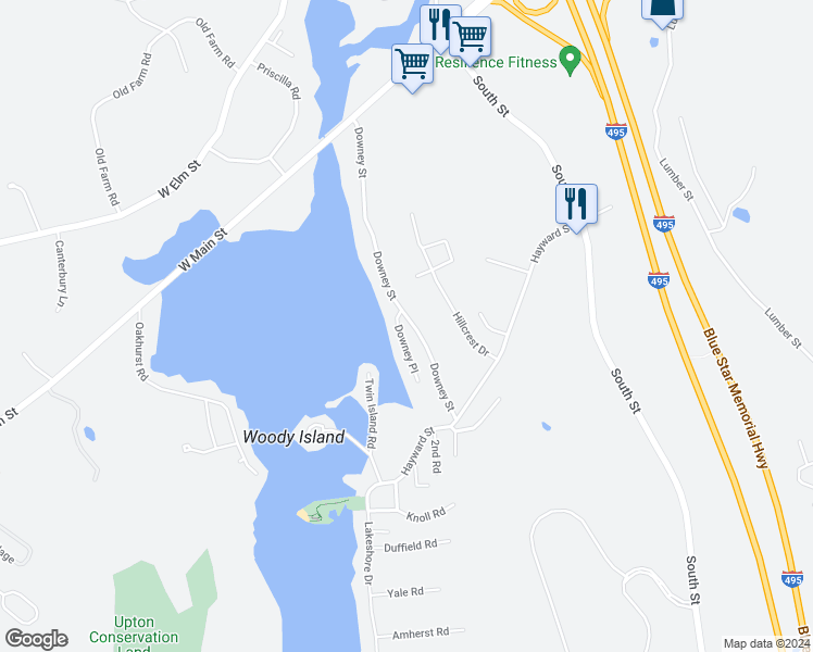 map of restaurants, bars, coffee shops, grocery stores, and more near 72 Downey Street in Hopkinton