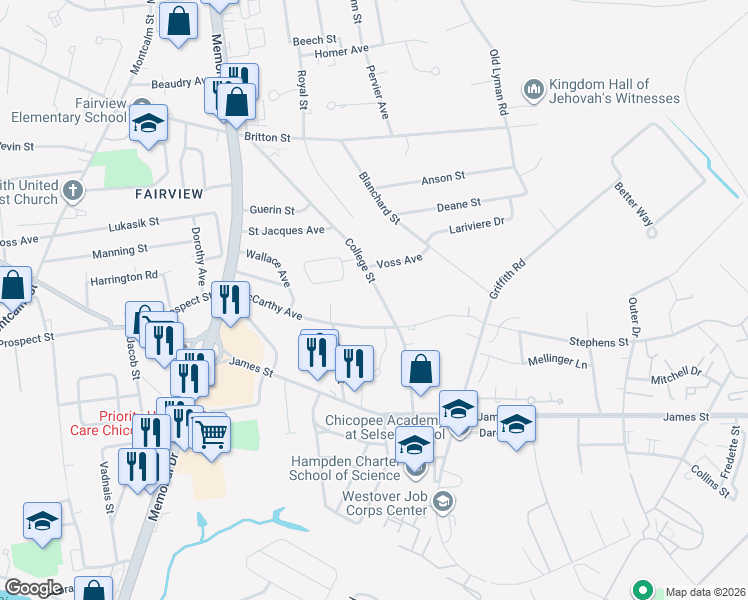 map of restaurants, bars, coffee shops, grocery stores, and more near 229 College Street in Chicopee