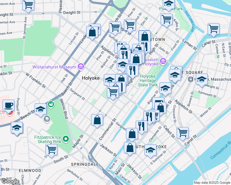 map of restaurants, bars, coffee shops, grocery stores, and more near 383-389 Maple St in Holyoke