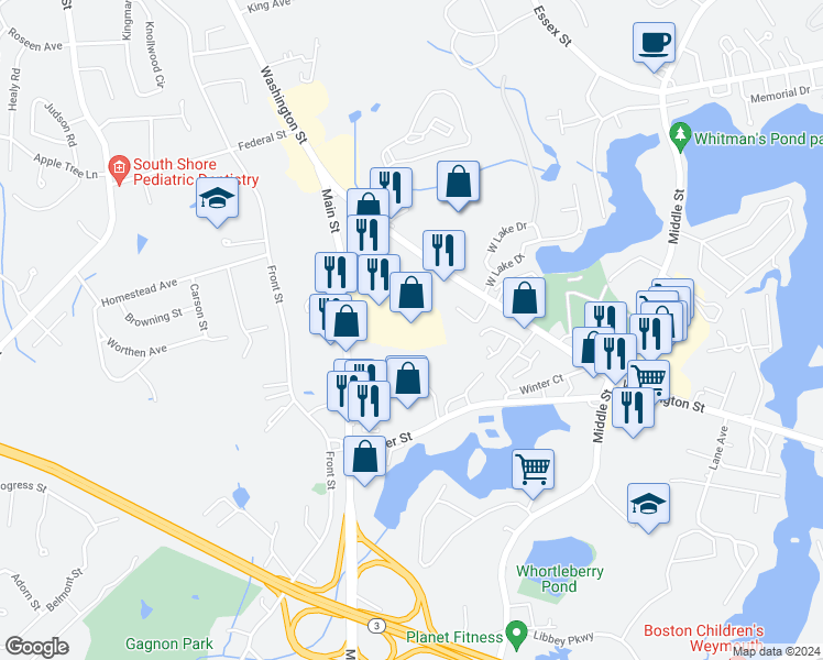 map of restaurants, bars, coffee shops, grocery stores, and more near 120 Main Street in Weymouth