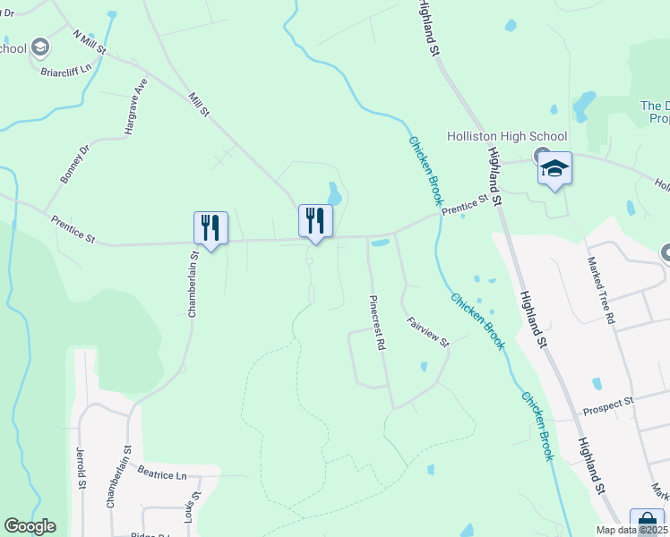 map of restaurants, bars, coffee shops, grocery stores, and more near 44 Burnap Road in Holliston