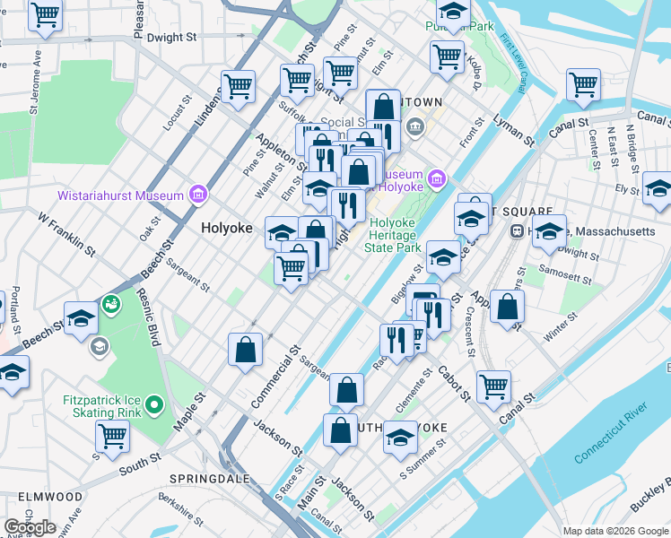 map of restaurants, bars, coffee shops, grocery stores, and more near 70 Nick Cosmos Way in Holyoke