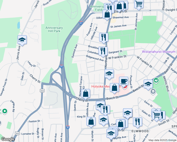 map of restaurants, bars, coffee shops, grocery stores, and more near 291 Hillside Avenue in Holyoke