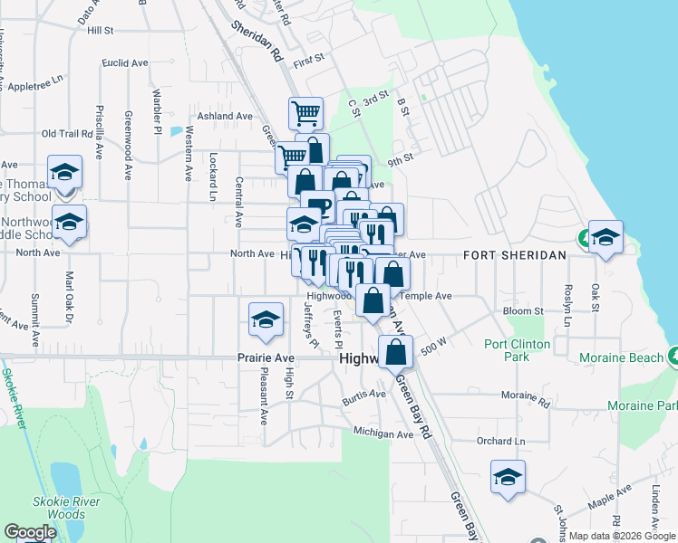 map of restaurants, bars, coffee shops, grocery stores, and more near 118 Highwood Avenue in Highwood