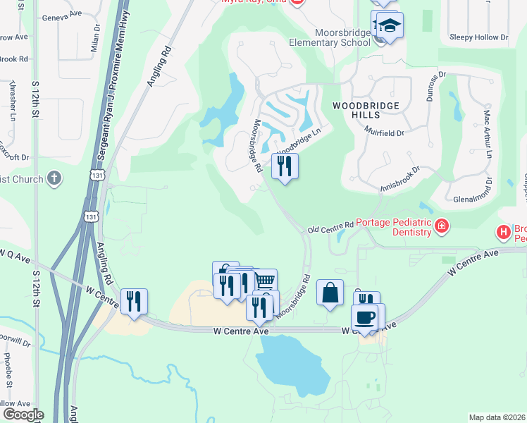 map of restaurants, bars, coffee shops, grocery stores, and more near 3781 Glenkerry Court in Portage