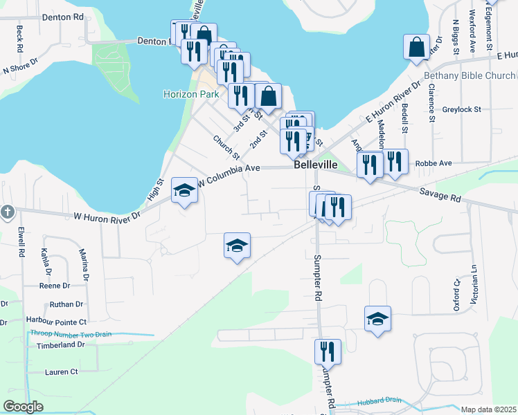 map of restaurants, bars, coffee shops, grocery stores, and more near 250 Henry Street in Belleville