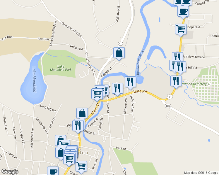 map of restaurants, bars, coffee shops, grocery stores, and more near 38 Avery Lane in Great Barrington