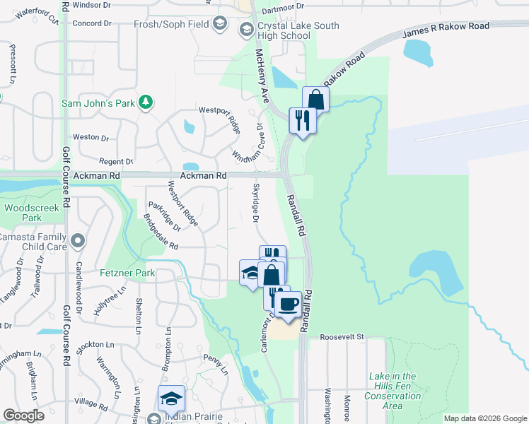 map of restaurants, bars, coffee shops, grocery stores, and more near 1395 Skyridge Drive in Crystal Lake