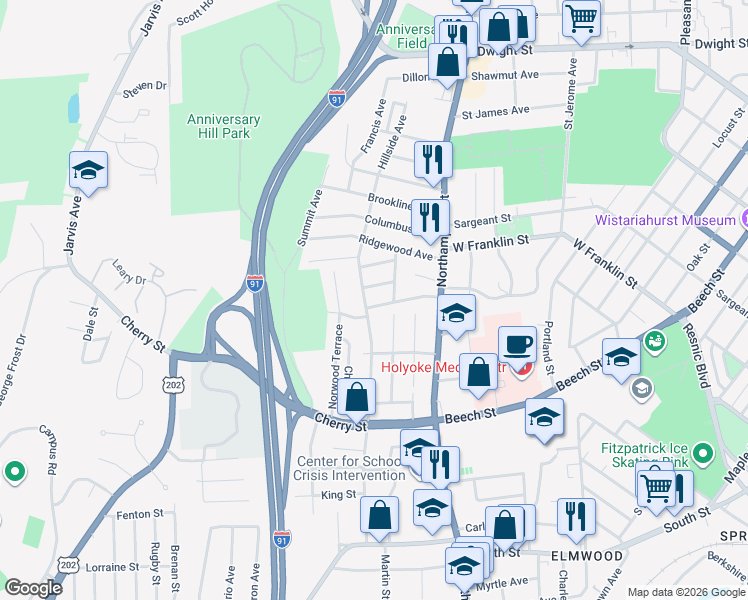 map of restaurants, bars, coffee shops, grocery stores, and more near 291 Hillside Avenue in Holyoke