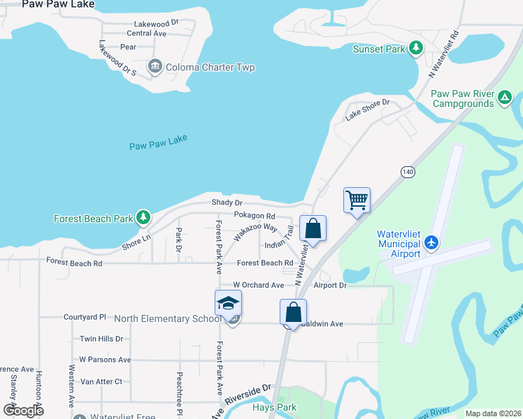 map of restaurants, bars, coffee shops, grocery stores, and more near 8224 Pokagon Road in Watervliet