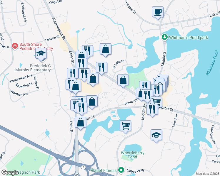 map of restaurants, bars, coffee shops, grocery stores, and more near 30 Stella Drive in Weymouth