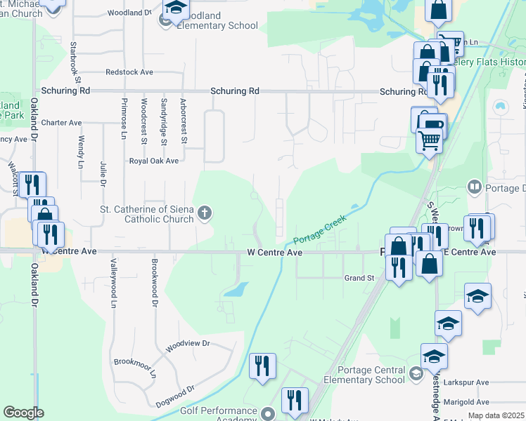 map of restaurants, bars, coffee shops, grocery stores, and more near 7769 Kenmure Drive in Portage