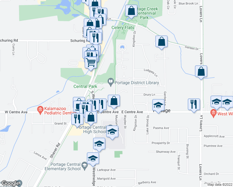 map of restaurants, bars, coffee shops, grocery stores, and more near 7772 Currier Drive in Portage