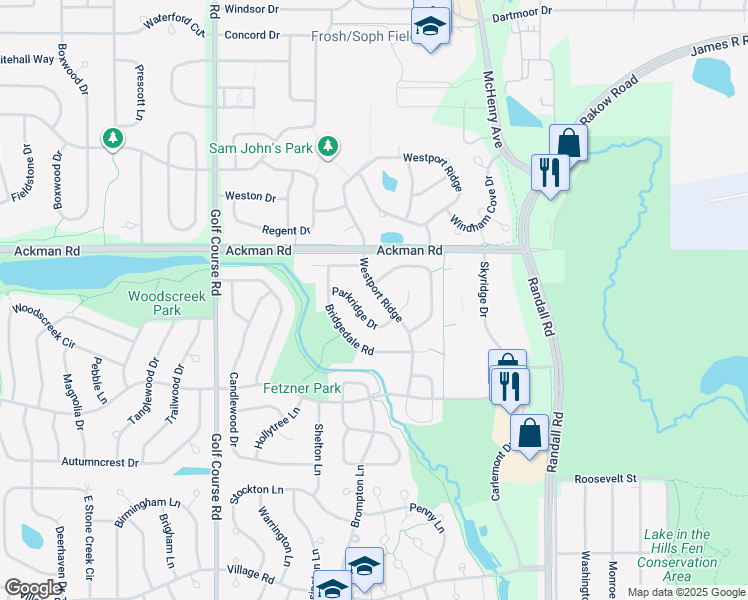 map of restaurants, bars, coffee shops, grocery stores, and more near 1473 Parkridge Drive in Crystal Lake