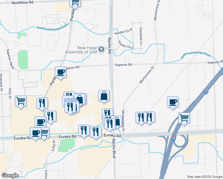 map of restaurants, bars, coffee shops, grocery stores, and more near 14500 Racho Road in Taylor