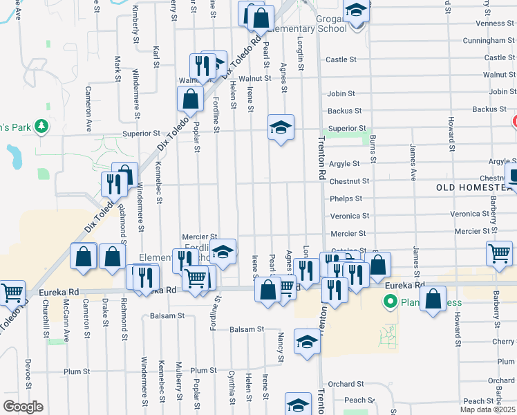 map of restaurants, bars, coffee shops, grocery stores, and more near 14431 Irene Street in Southgate