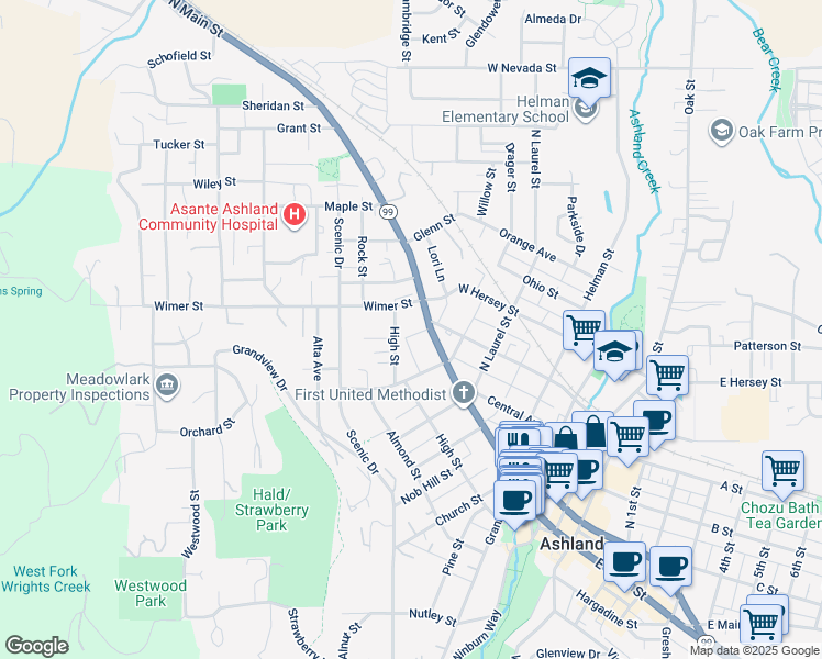 map of restaurants, bars, coffee shops, grocery stores, and more near 321 North Main Street in Ashland