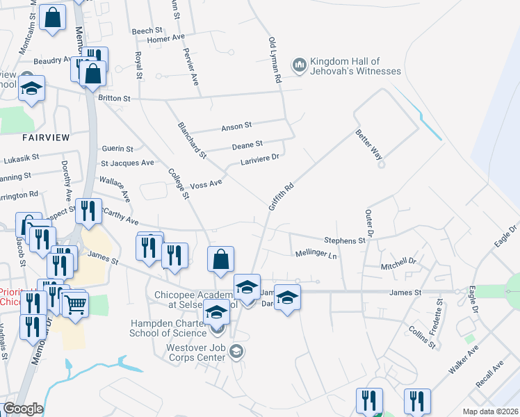 map of restaurants, bars, coffee shops, grocery stores, and more near 280 McCarthy Avenue in Chicopee